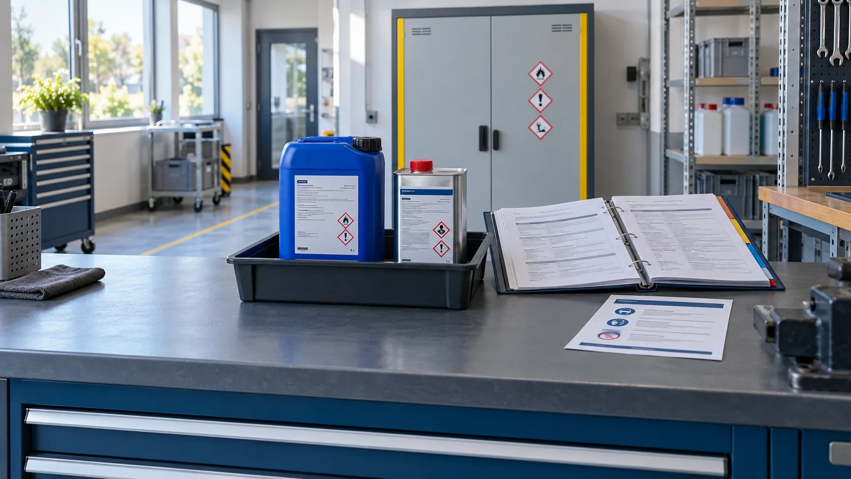 Illustrative Werkbank mit geschlossenen gekennzeichneten Behältern und einem Ordner mit Sicherheitsunterlagen