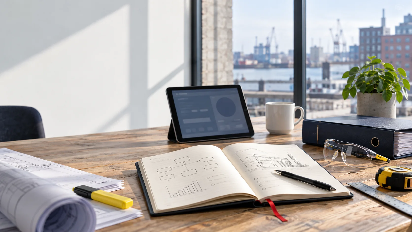 Illustrativer Arbeitstisch mit Unterlagen, Tablet und Arbeitsschutzobjekten