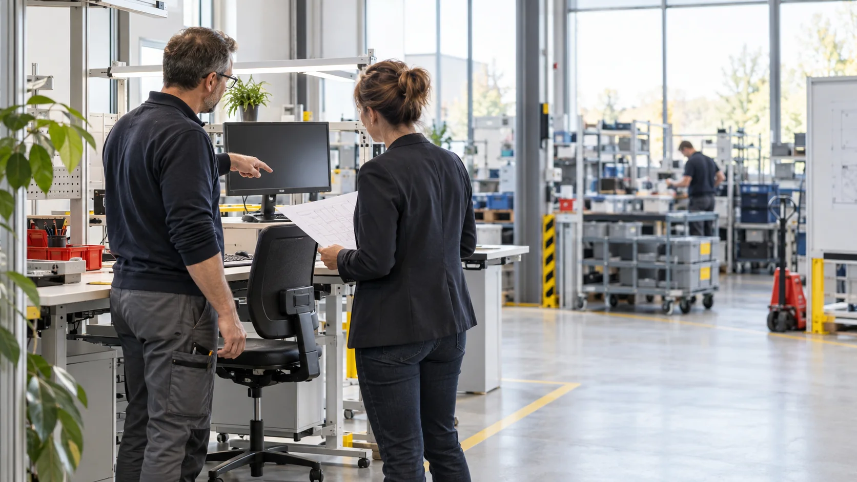 Illustrative Arbeitsplatzanalyse in einer hellen Büro- und Produktionsumgebung