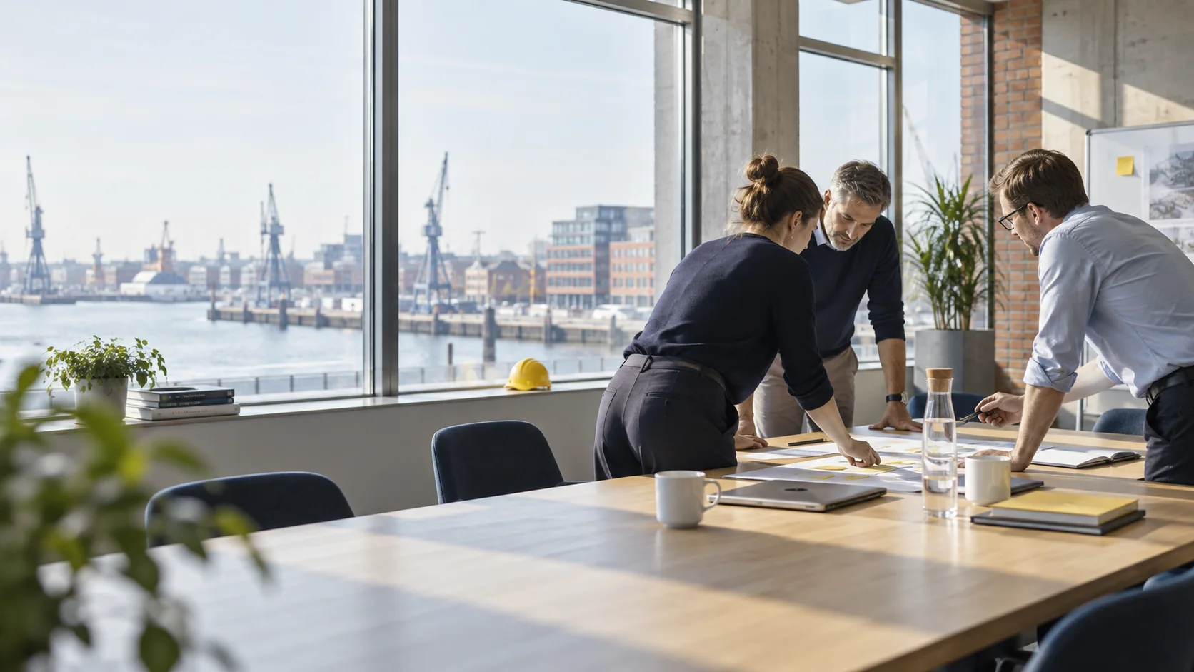 Illustrative group discussion of working documents in a bright meeting room